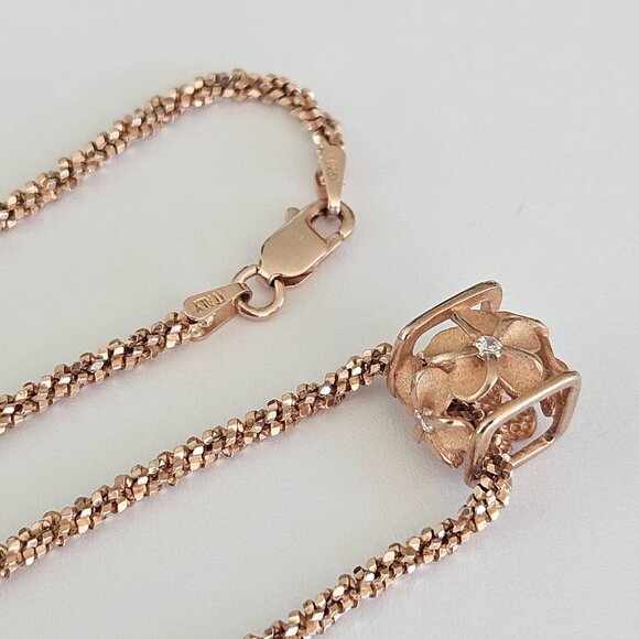 18k Rose Gold Sterling Popcorn Chain Necklace Plumeria Swarovski Charm 19" - Picture 1 of 8